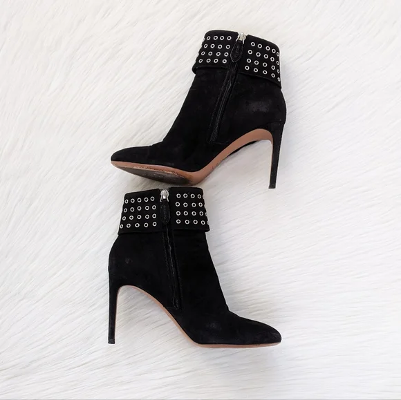 Alaïa Black Suede Grommet Embellished Ruffled Ankle Boots | Size 38.5 - Picture 7 of 16